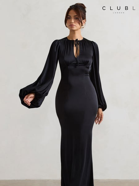 Club L London Black Wild Rose Satin Puff-Sleeve Cut-Out Maxi Dress (AC7750) | € 74