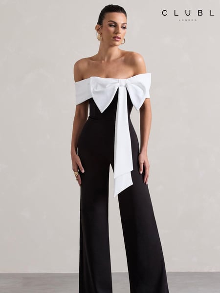 Club L London Black Bower Bardot Straight Leg Jumpsuit With Bow (AC7791) | € 66