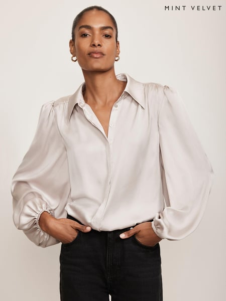 Mint Velvet Cream Beige Silk Mix Blouson Top (AC8237) | € 154