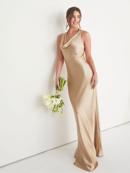 Six Stories Champagne Gold Cowl Front Asymmetrical Satin Flower Girl Dress (AC8733) | € 201