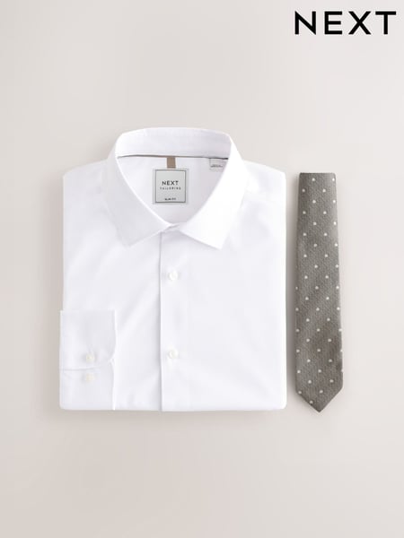 White/Neutral Polka Dot Slim Fit Occasion Shirt And Tie Pack (AC8820) | € 54