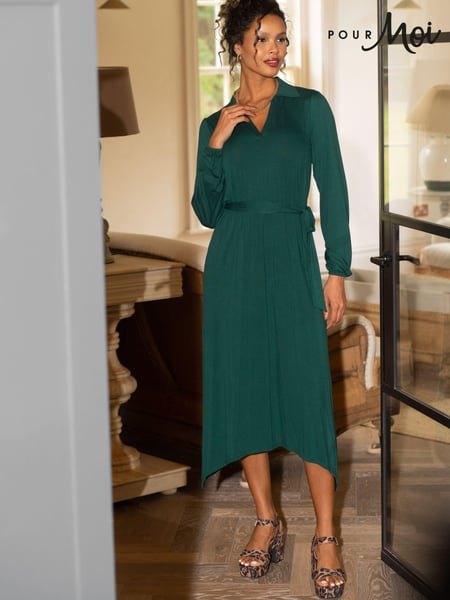 Pour Moi Green Venetia Jersey Hanky Hem Collared Midi Dress (AC8919) | € 76