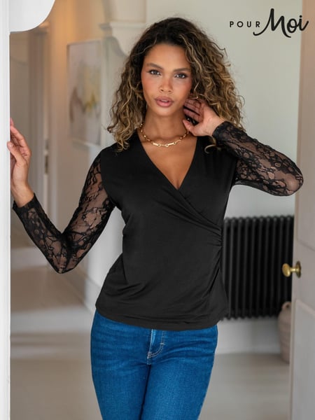 Pour Moi Black Julie Slinky Jersey Lace Long Sleeve Top (AC8923) | € 61