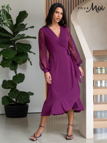 Pour Moi Purple Carrie Lace Sleeve Midi Slinky Jersey Wrap Dress (AC8928) | € 86