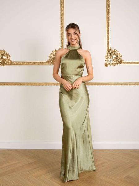 Six Stories Moss Green Halter Neck Satin Flower Girl Dress (AC9178) | € 201