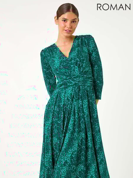 Roman Green Mock Wrap Animal Midi Dress (AC9377) | € 75