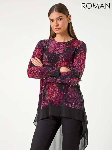 Roman Red Floral Print Chiffon Hem Stretch Top (AC9394) | € 50