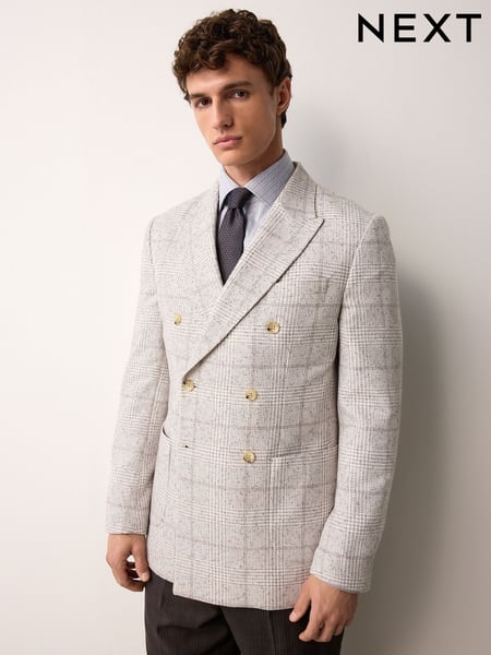 Grey/Ecru Regular Fit Smart Textured Check Double Breasted Blazer (AD0196) | € 148