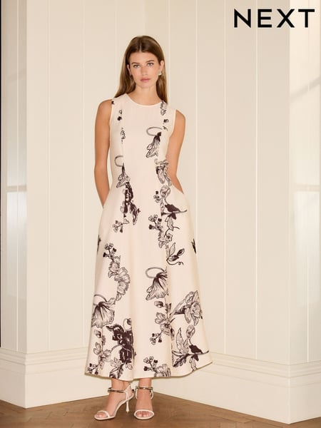 Cream and Black Floral Print Sleeveless Column A-Line Maxi Dress (AD0963) | € 76