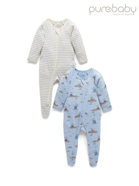 Purebaby Blue Baby Zip 100% Cotton Sleepsuits 2 Pack (AD1066) | € 38