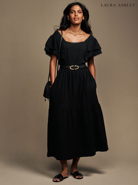 Schwarz - Laura Ashley Ruffle Sleeve 100% Cotton Dress with Lace Trims (AD1609) | 61 €