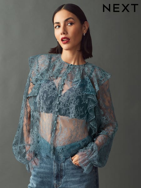 Blue Ruffle Lace Long Sleeve Blouse (AD2524) | € 35