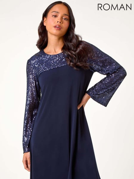 Roman Blue Petite Stretch Sequin Contrast Dress (AD3718) | € 84