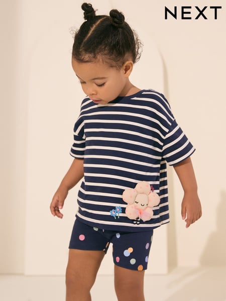 Navy Padded Flower Short Sleeve T-Shirt and Cycle Shorts Set (3mths-7yrs) (AD5569) | € 16 - € 21