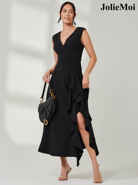 Jolie Moi Black Wrap Front Frill Detail Maxi Dress (AD6821) | € 123