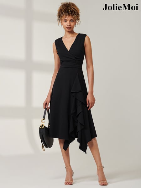 Jolie Moi Black Qiana Ruffle Detail Midi Dress (AD6825) | € 117