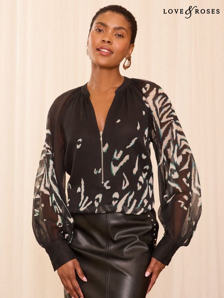Love & Roses Black Animal Petite Zip Front Mix Sheer Long Sleeve Length Blouse (AD6951) | € 24