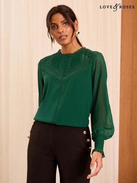 Love & Roses Green Petite Jersey Chiffon Sleeve Lace Trim Blouse (AD6975) | € 25