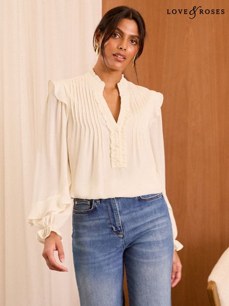 Love & Roses Ivory Pintuck Ruffle Detail Notch Neck Long Sleeve Blouse (AD7007) | € 29