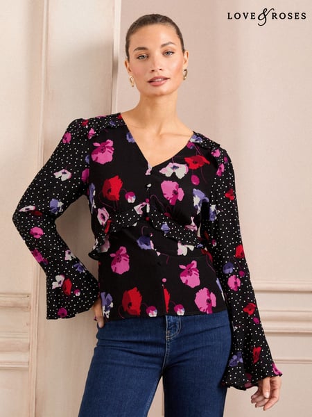 Love & Roses Black Floral V-Neck Tie Detail 3/4 Sleeve Peplum Top (AD7035) | € 31