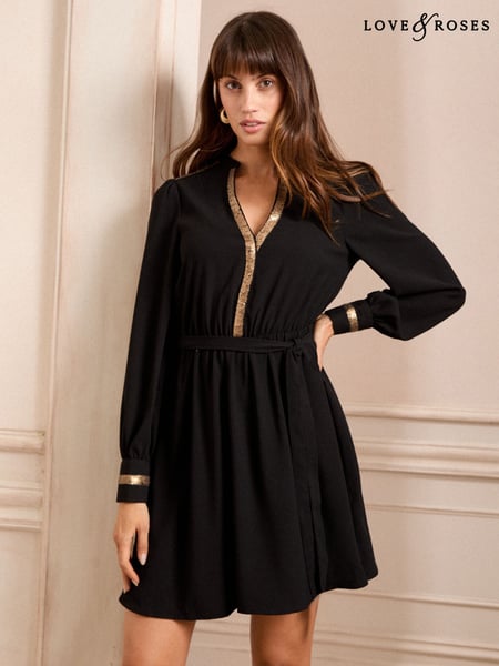 Love & Roses Black Petite Sequin Trim Mini Dress (AD7042) | € 45 - € 46