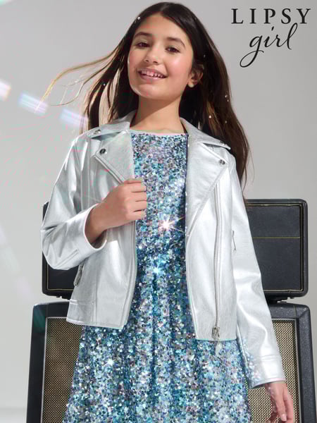Lipsy Silver Metallic Faux Leather Biker Jacket (5-16yrs) (AD7626) | € 87 - € 100