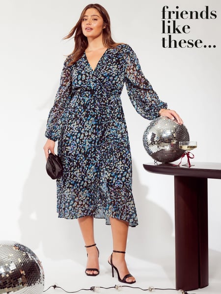 Friends Like These Blue Curve Long Sleeves Printed Wrap Midi Dress (AD8003) | € 64
