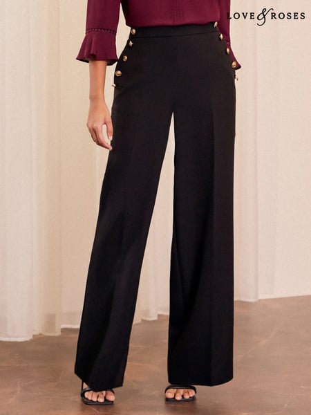 Love & Roses Black  Military Button Wide Leg Tailored Trousers (AD8067) | € 42