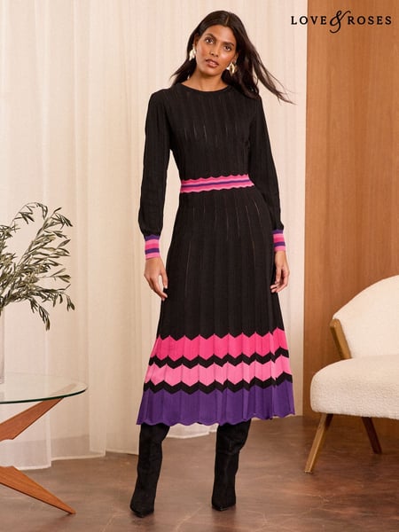 Love & Roses Black Petite Fine Gauge Pleated Midi Knitted Dress (AD8077) | € 103