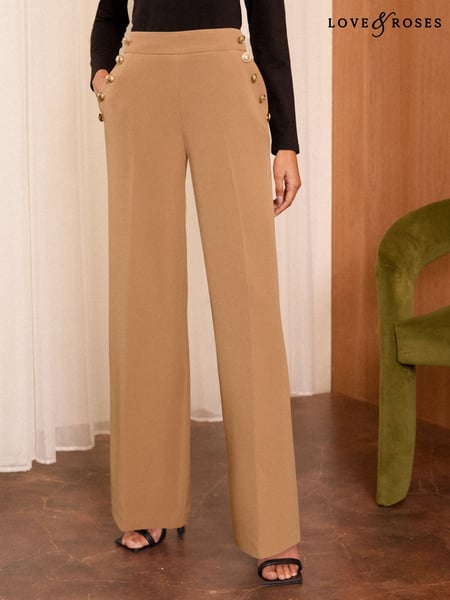 Love & Roses Camel Military Button Wide Leg Tailored Trousers (AD8107) | € 70