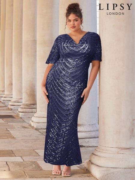 Lipsy Navy 2 Curve Cowl Neck Sequin Maxi Dress (AD8170) | € 250