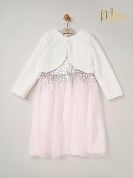 Miss Sequin Waterfall Dress With Faux Fur Bolero Outfit Set (AD8197) | € 69