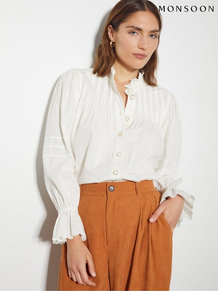 Monsoon White Rose Long Sleeve 100% Cotton Frill Pleat Shirt (AD8930) | € 64