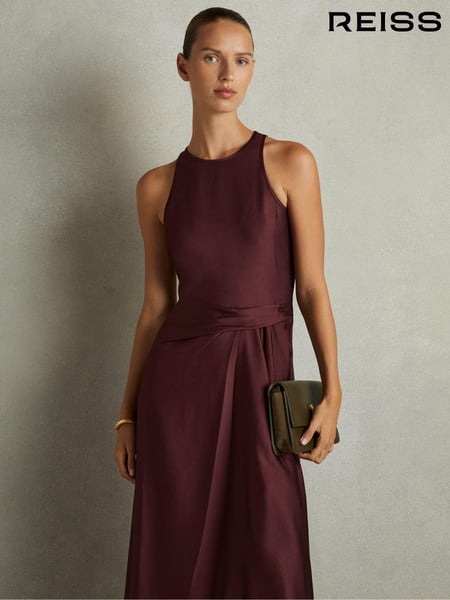 Reiss Burgundy Micah Petite Satin Drape Tuck Midi Dress (AD9437) | € 246