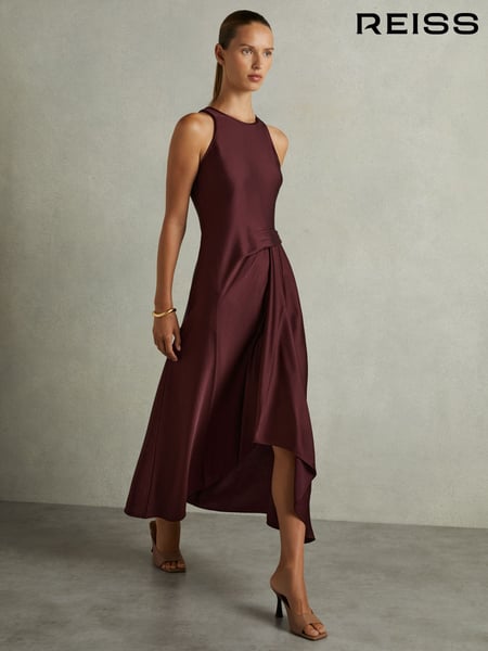 Reiss Burgundy Micah Satin Drape Tuck Midi Dress (AD9450) | € 246