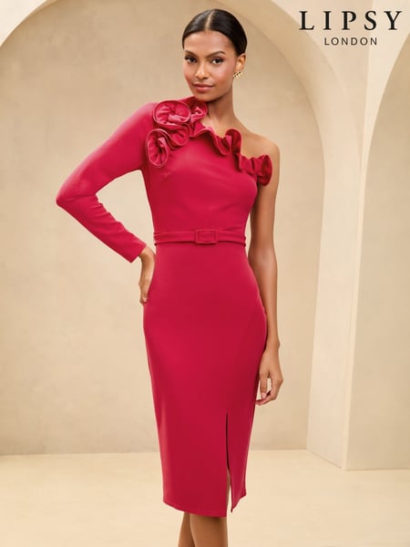 Lipsy Red Ruffle Neck One Shoulder Belted Bodycon Midi Dress (AE0186) | € 58