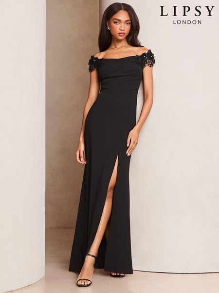 Lipsy Black Petite Embelished 3D Floral Trim Bardot Maxi Dress (AE0192) | € 143