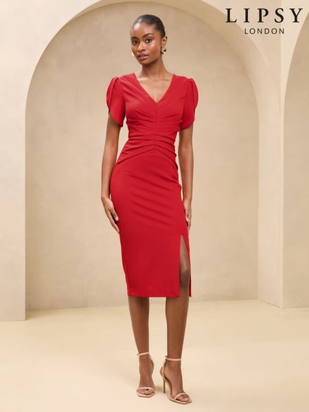 Lipsy Red Petite Tulip Sleeve Ruched Midi Bodycon Dress (AE0194) | € 106