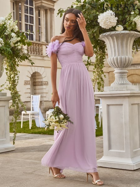 Lipsy Lilac Purple 3D Floral Trim Bardot Bridesmaid Maxi Dress (AE0197) | € 187