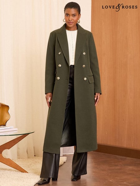 Love & Roses Olive Green Double Breasted Hourglass Longline Coat (AE4149) | € 71
