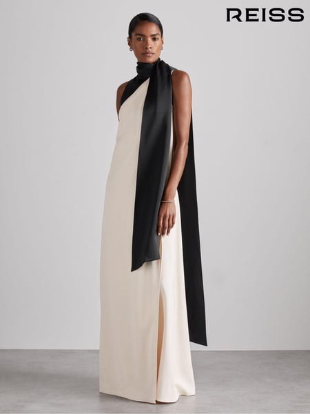 Reiss Black/Ivory Isobel Atelier Sash-Neck Satin Occasion Dress (AE5541) | € 928