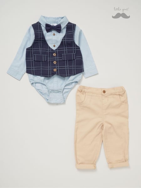 Little Gent Blue Mock 100% Cotton Waistcoat Bow Tie Outfit Set (AE5958) | € 53