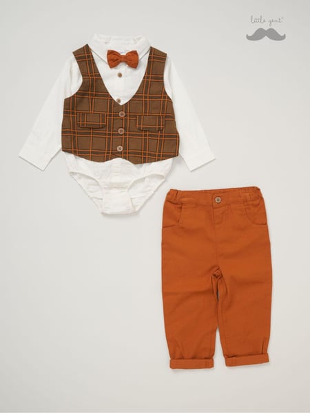 Little Gent Mock 100% Cotton Brown Waistcoat Bow Tie Outfit Set (AE5966) | € 53