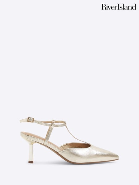 River Island Gold T Strap Mid Heel Courts (AE6074) | € 29