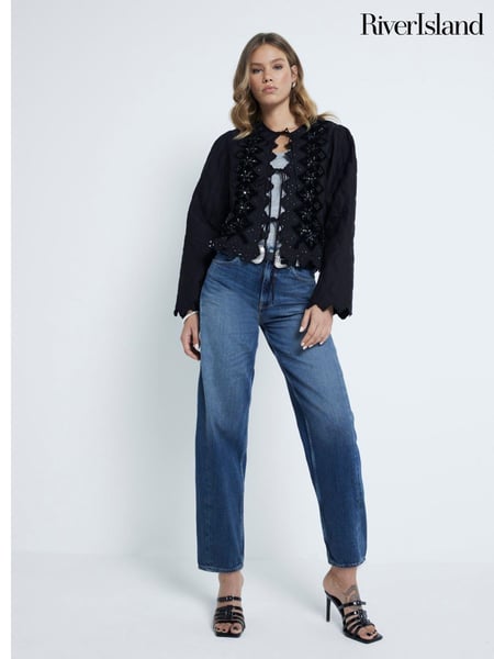 River Island Black 100% Cotton Sequin Quilted Tie-Front Jacket (AE6078) | € 47