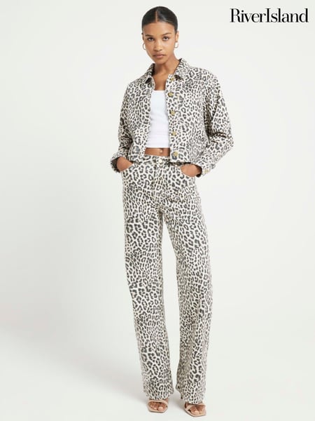 River Island Animal Cropped Denim Leopard Print 100% Cotton Jacket (AE6092) | € 35
