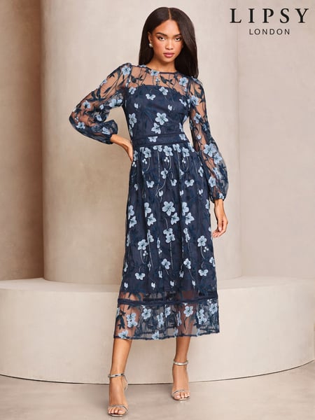 Lipsy Navy Premium Long Sleeve Embroidered Floral Prom Midi Dress (AE6564) | € 242