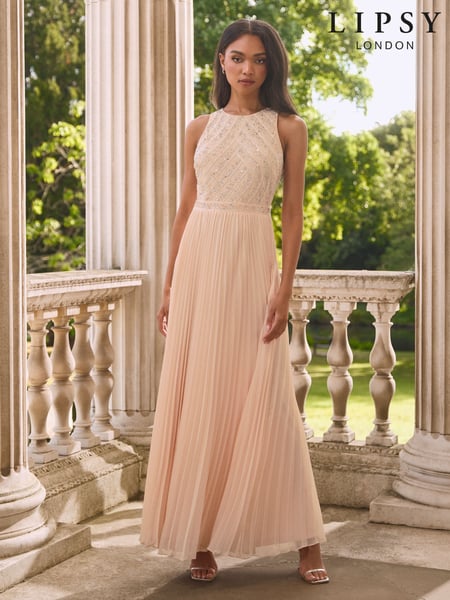 Lipsy Blush Pink Petite Embelished Bodice Pleated Wedding Bridesmaid Maxi Dress (AE6581) | € 211