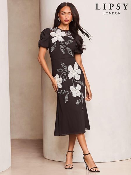 Lipsy Black & White Embroidered Floral Artwork Fit And Flare Premium Midi Occasion Dress (AE6582) | € 179