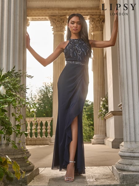 Lipsy Navy Embellished Ruffle Front Halter Wedding Bridesmaid Dress (AE6629) | € 195